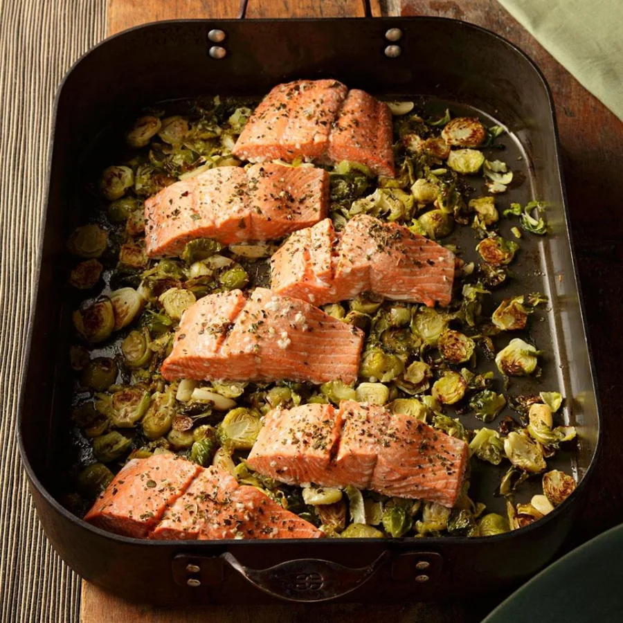 Garlic Roasted Salmon and Brussels Sprouts